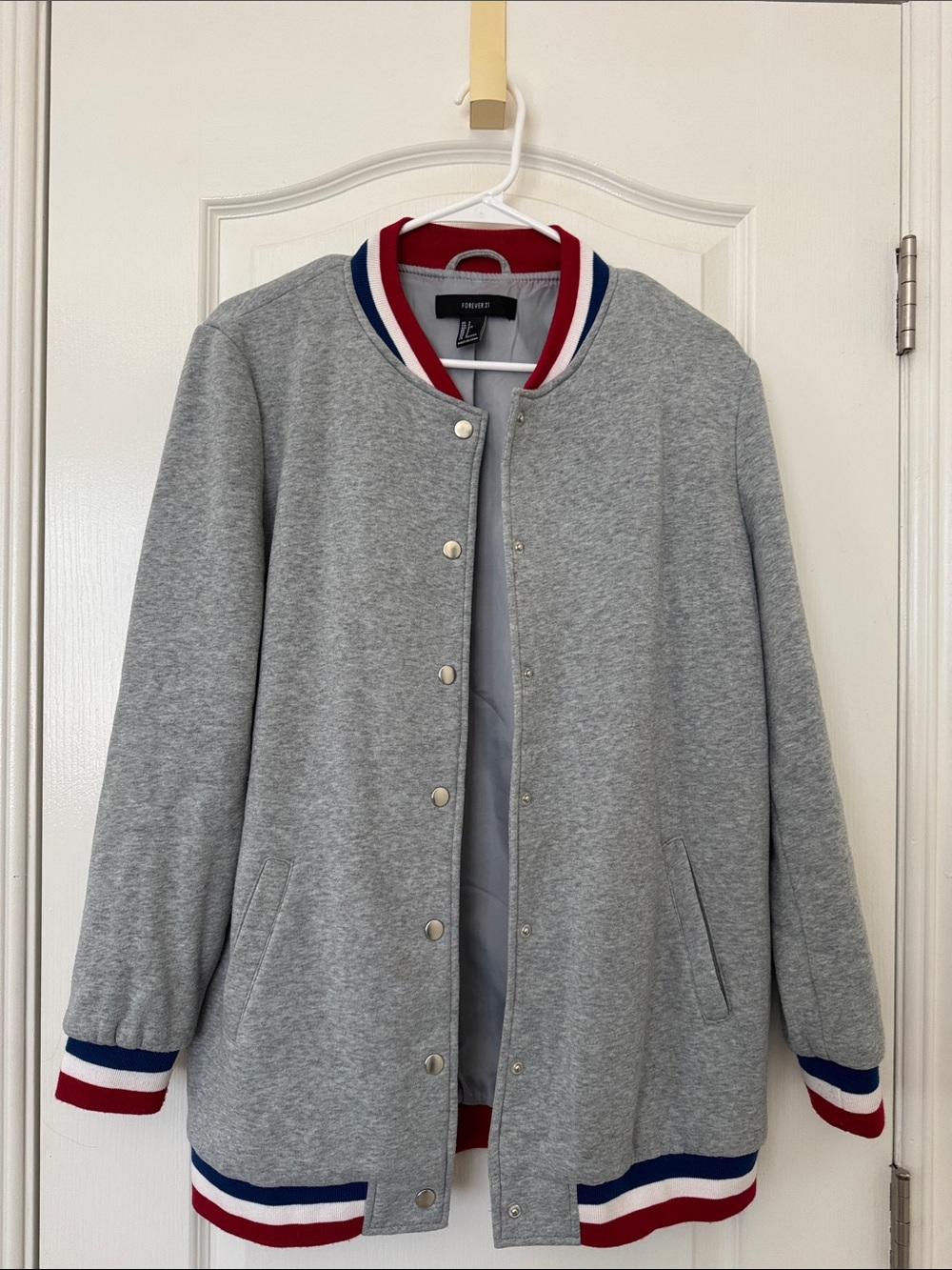 Forever 21 Gray Varsity Jacket with Red & Blue Trim